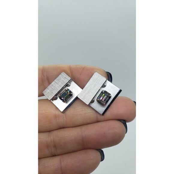 Vintage Cufflinks Swank Silver Rivoli Rainbow Rhinestone Cuff Links 1960s - Picture 3 of 9